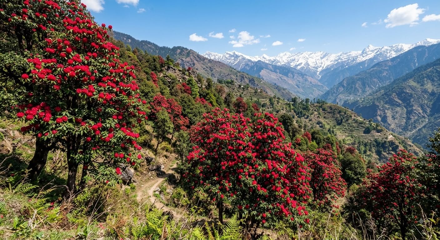 Red Buransh Flowers Blooming in Himachal Hills
