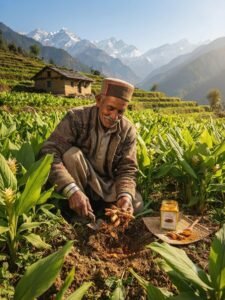 Local farmer working with turmeric crops in Himachal Pradesh