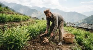 Local farmer working in a ginger in Himachal Pradesh. 