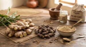 Fresh ginger rhizomes placed beside dried ginger and Ghoru Sonth 