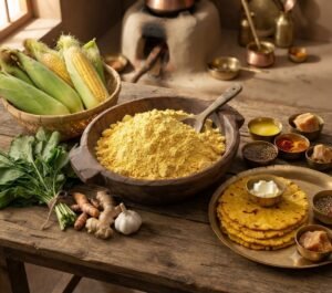 Kukdi Ra Atta surrounded by corn, vegetables, greens and traditional food ingredients.
