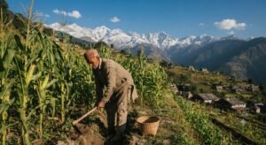 Local Himachal farmer working in a maize field, with mountains in the background